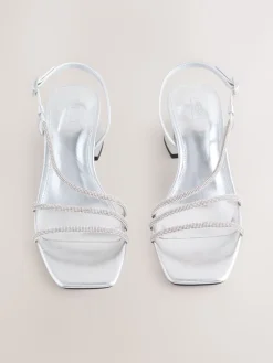 Next Forever Comfort Square Toe Jewelled Strappy Block Heeled Sandals Silver Best