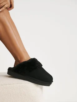 Simply Be Extra Wide Fit Faux Fur Lined Suede Mule Slippers Black Clearance