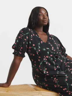 Simply Be Black Floral Print Supersoft V-Neck Midi Dress