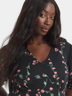 Simply Be Black Floral Print Supersoft V-Neck Midi Dress