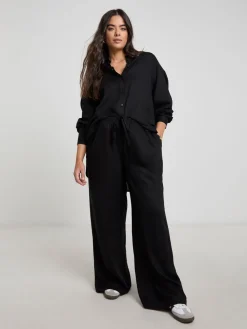 Simply Be Tie Waist Wide Leg Linen Mix Trousers Black Online