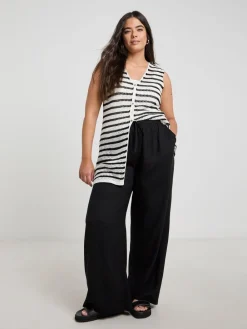 Simply Be Tie Waist Wide Leg Linen Mix Trousers Black Online