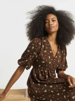 Simply Be Button Through Midi Dress Brown Outlet