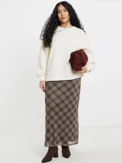 Simply Be Brown Check Print Mesh Midaxi Skirt Hot