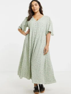 Simply Be Button Up Midi Dress Green Ditsy Print New
