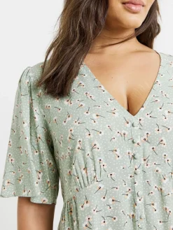 Simply Be Button Up Midi Dress Green Ditsy Print New