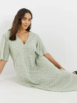 Simply Be Button Up Midi Dress Green Ditsy Print New