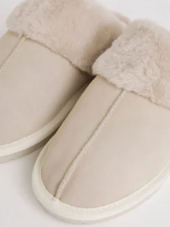 Simply Be Standard Fit Faux Fur Lined Suede Mule Slippers Natural