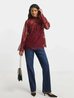 Simply Be Red Eyelash Lace Top With Sleeve Detail Discount