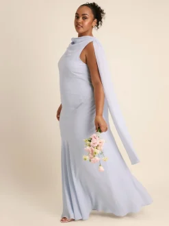 Six Stories Blue High Cowl Neck Drape Crepe Bridesmaid Dress Online