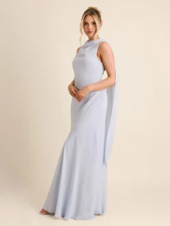 Six Stories Blue High Cowl Neck Drape Crepe Bridesmaid Dress Online