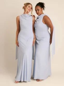 Six Stories Blue High Cowl Neck Drape Crepe Bridesmaid Dress Online