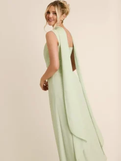 Six Stories Green Square Neck Crepe Bridesmaid Dress with Neck Scarf Outlet