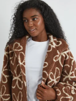 Skinnydip Brown Doodle Flower Borg Jacket in Brown Outlet