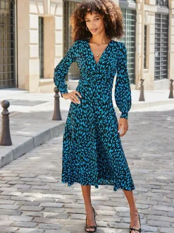 Sosandar Black Fleck Print Twist Front Dress