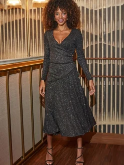 Sosandar Black Glitter Ruched Button Detail Fit & Flare Dress