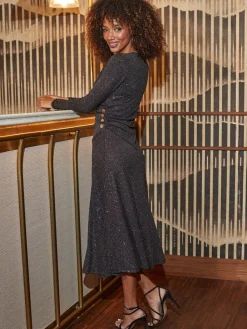 Sosandar Black Glitter Ruched Button Detail Fit & Flare Dress