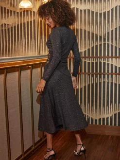 Sosandar Black Glitter Ruched Button Detail Fit & Flare Dress