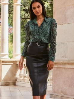 Sosandar Black Leather Panelled Pencil Midi Skirt Discount