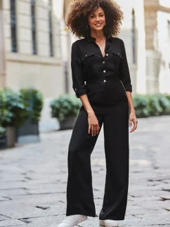 Sosandar Black Side Stripe Button Front Jumpsuit Hot