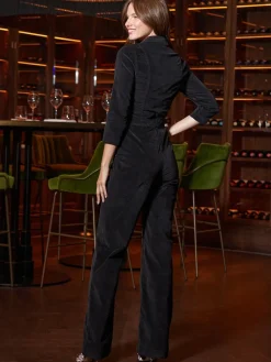 Sosandar Black Velvet Jumpsuit With Luxe Gold Detail