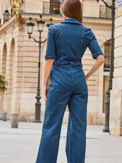 Sosandar Blue Chrome Zip Front Wide Leg Denim Jumpsuit Discount