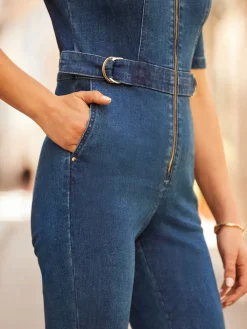 Sosandar Blue Denim Kick Flare Jumpsuit Sale