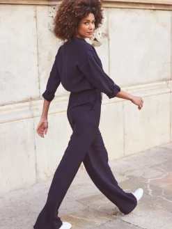 Sosandar Blue Drawstring Waist Jumpsuit Sale