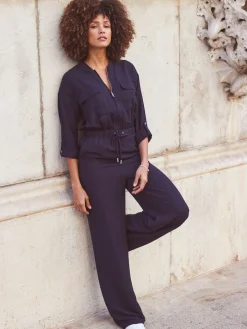 Sosandar Blue Drawstring Waist Jumpsuit Sale