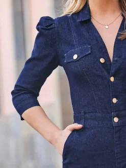 Sosandar Blue Puff Sleeve Kicklare Denim Jumpsuit Sale