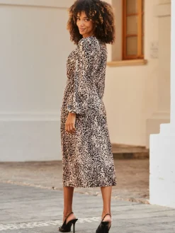 Sosandar Brown Animal Print Knot Front Plisse Dress Best