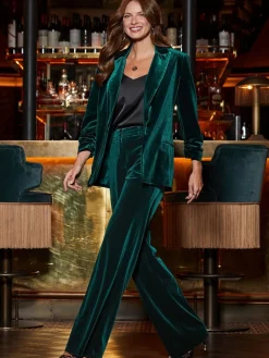 Sosandar Green Luxe Velvet Wide Leg Trousers Sale
