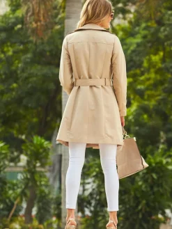 Sosandar Double Breasted Trench Coat With Pocket Natural Sale