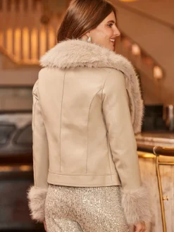 Sosandar Natural Faux Leather Biker Jacket With Faux Fur Trim Outlet
