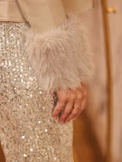 Sosandar Natural Faux Leather Biker Jacket With Faux Fur Trim Outlet