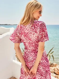 Sosandar Pink Animal Print Tie Waist Midi Dress Outlet