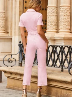 Sosandar Pink D Ring Belt Culotte Denim Jumpsuit Best