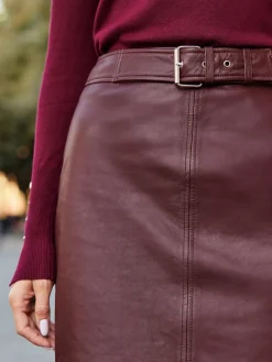 Sosandar Red Leather Panelled Pencil Midi Skirt Clearance