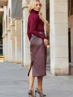 Sosandar Red Leather Panelled Pencil Midi Skirt Clearance