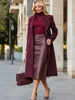 Sosandar Red Leather Panelled Pencil Midi Skirt Clearance