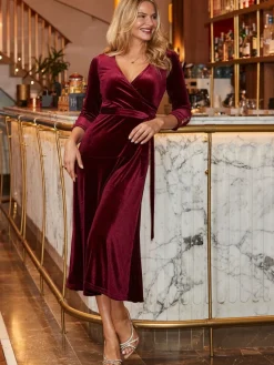 Sosandar Red Velvet Belted Fit & Flare Wrap Dress Discount