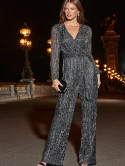 Sosandar Silver Sparkle Plisse Wrap Front Wide Leg Jumpsuit