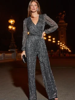 Sosandar Silver Sparkle Plisse Wrap Front Wide Leg Jumpsuit