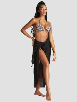 South Beach Black Crinkle Viscose Fringed Sarong Cover-Up