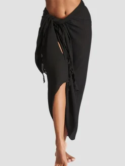 South Beach Black Crinkle Viscose Fringed Sarong Cover-Up