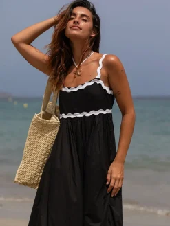 South Beach Black Monochrome Cotton Ric Rac Detail Maxi Dress Online