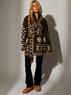 South Beach Jacquard Wasit Tie Knitted Fringe Cardigan Brown Outlet