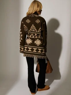 South Beach Jacquard Wasit Tie Knitted Fringe Cardigan Brown Outlet