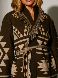 South Beach Jacquard Wasit Tie Knitted Fringe Cardigan Brown Outlet