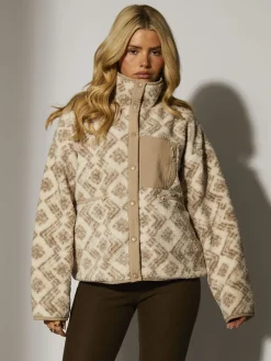 South Beach Print Oversized Borg Zip Jacket With Pocket Cream Sale